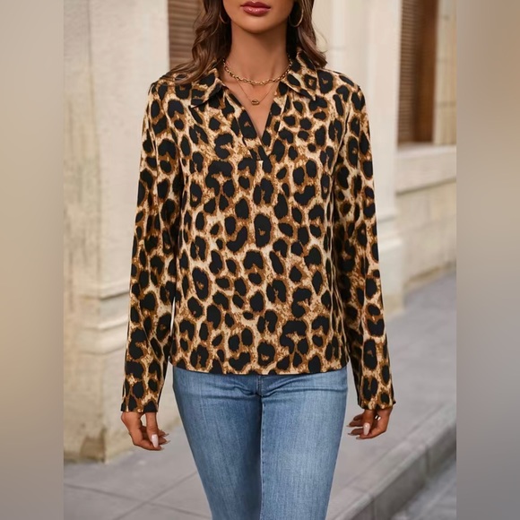 Pullover Leopard Print Long-Sleeved V-Neck Blouses - Picture 4 of 5